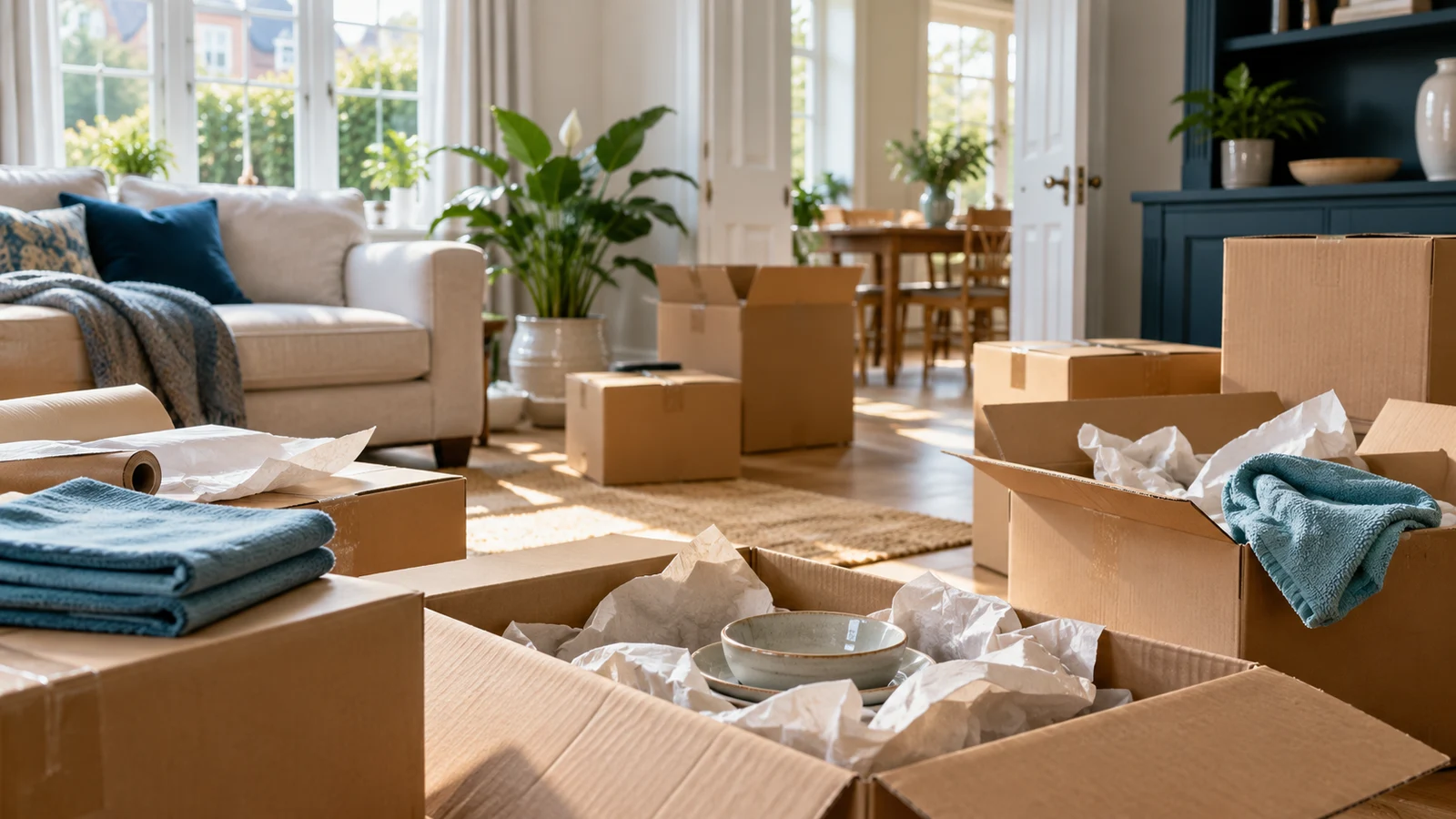 Clean moving boxes and belongings prepared for packing.