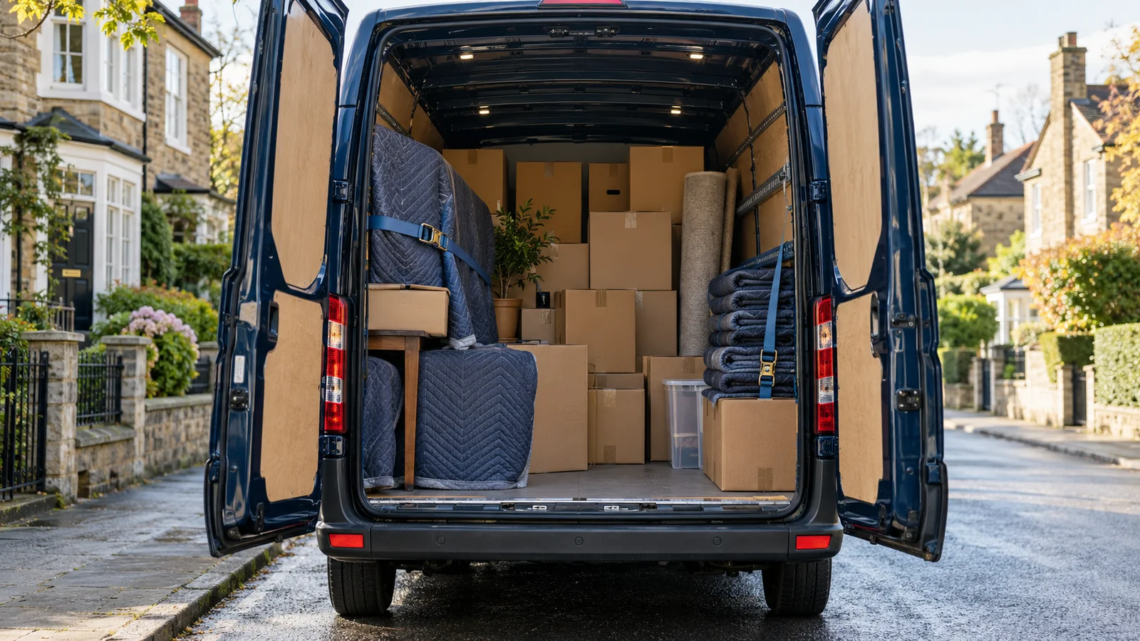 Illustrative concept: an unbranded removal van and protected loading space.