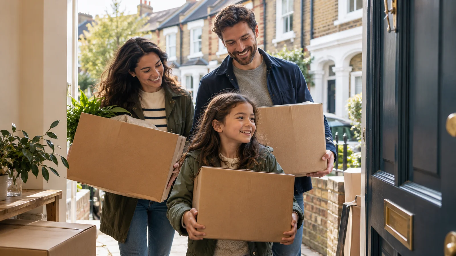 A family arriving at a British home with moving boxes.