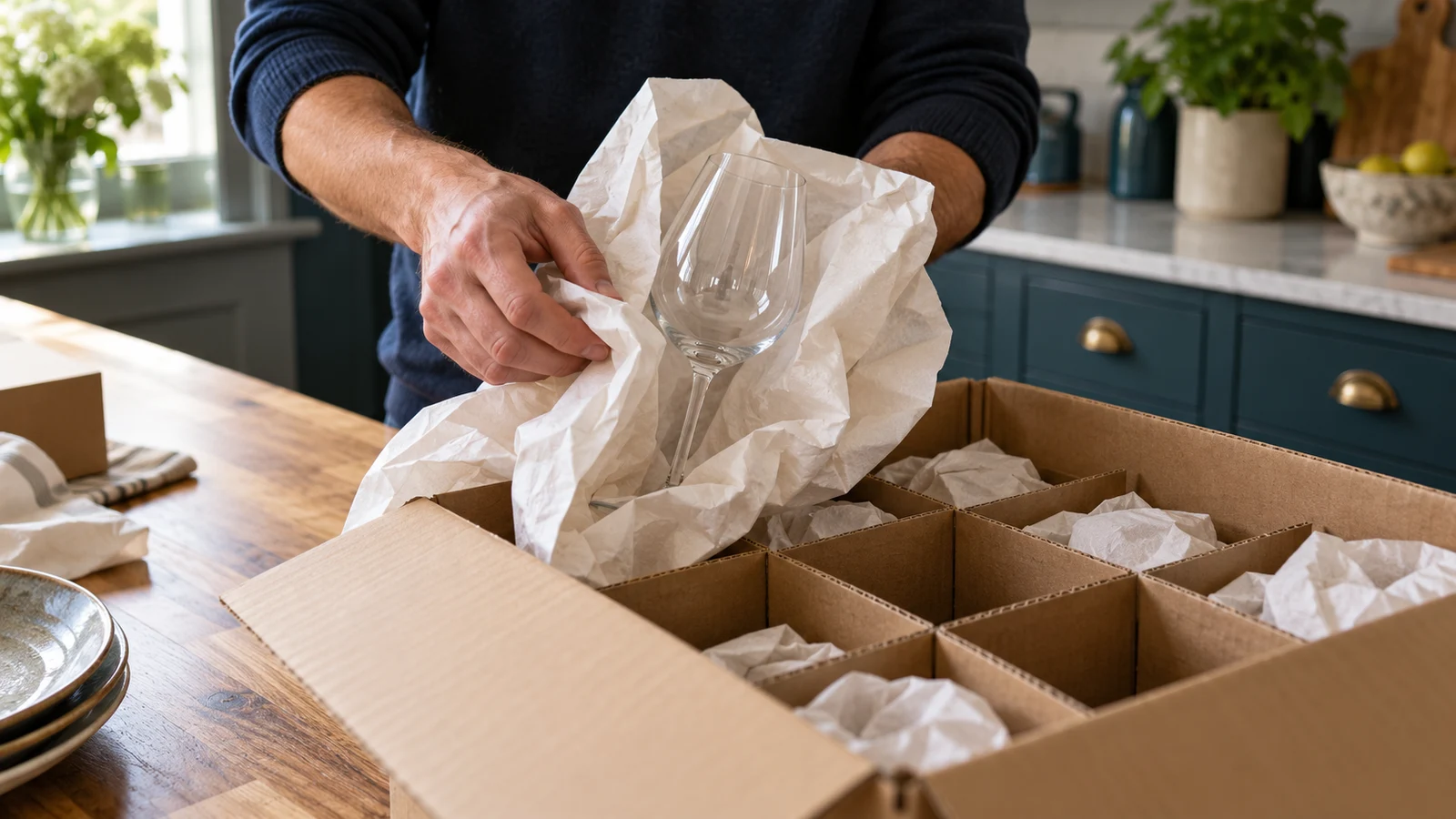Fragile kitchen items individually protected with packing paper.