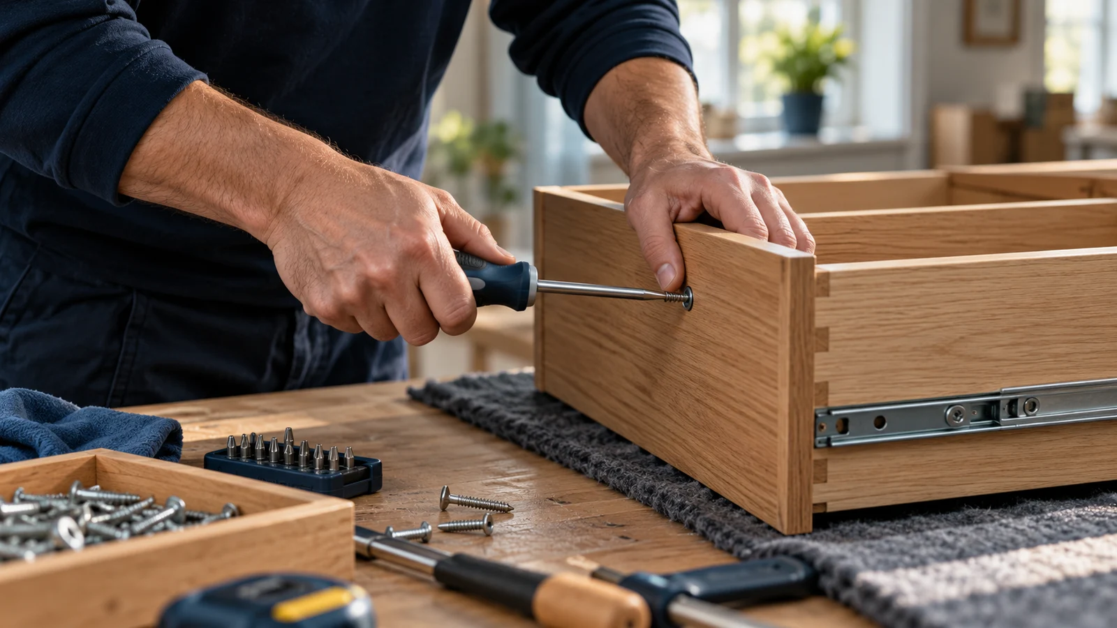 Furniture fittings and tools arranged for careful assembly.