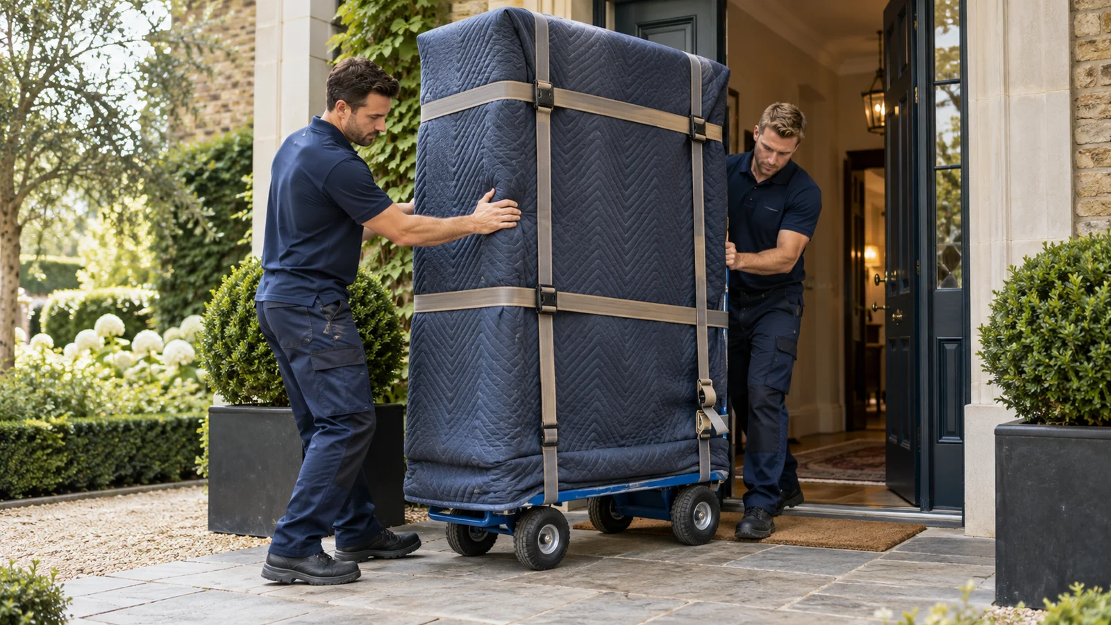 Protected furniture being moved using a furniture trolley.