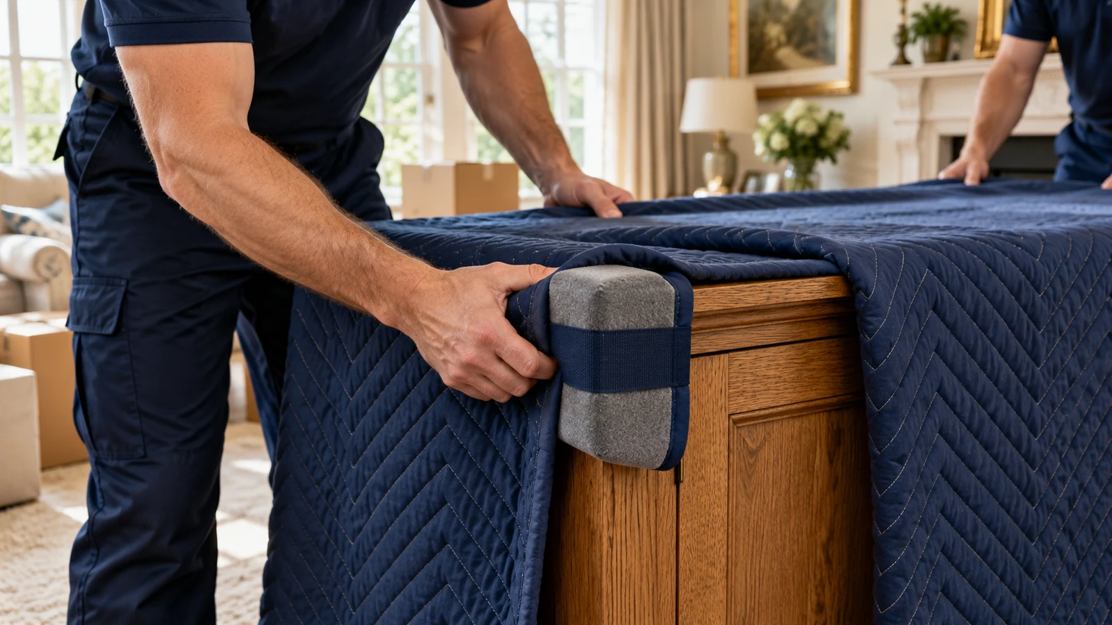 Furniture protected with blankets and wrapping before storage.