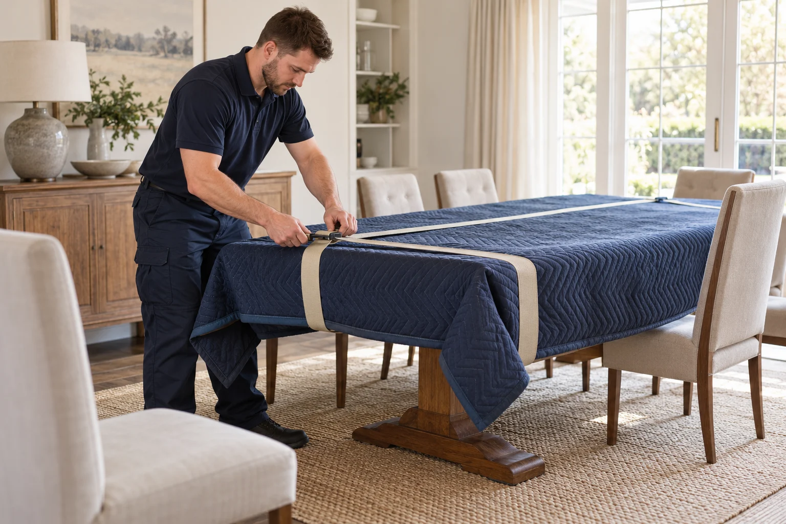 A mover securing a protective blanket around a dining table