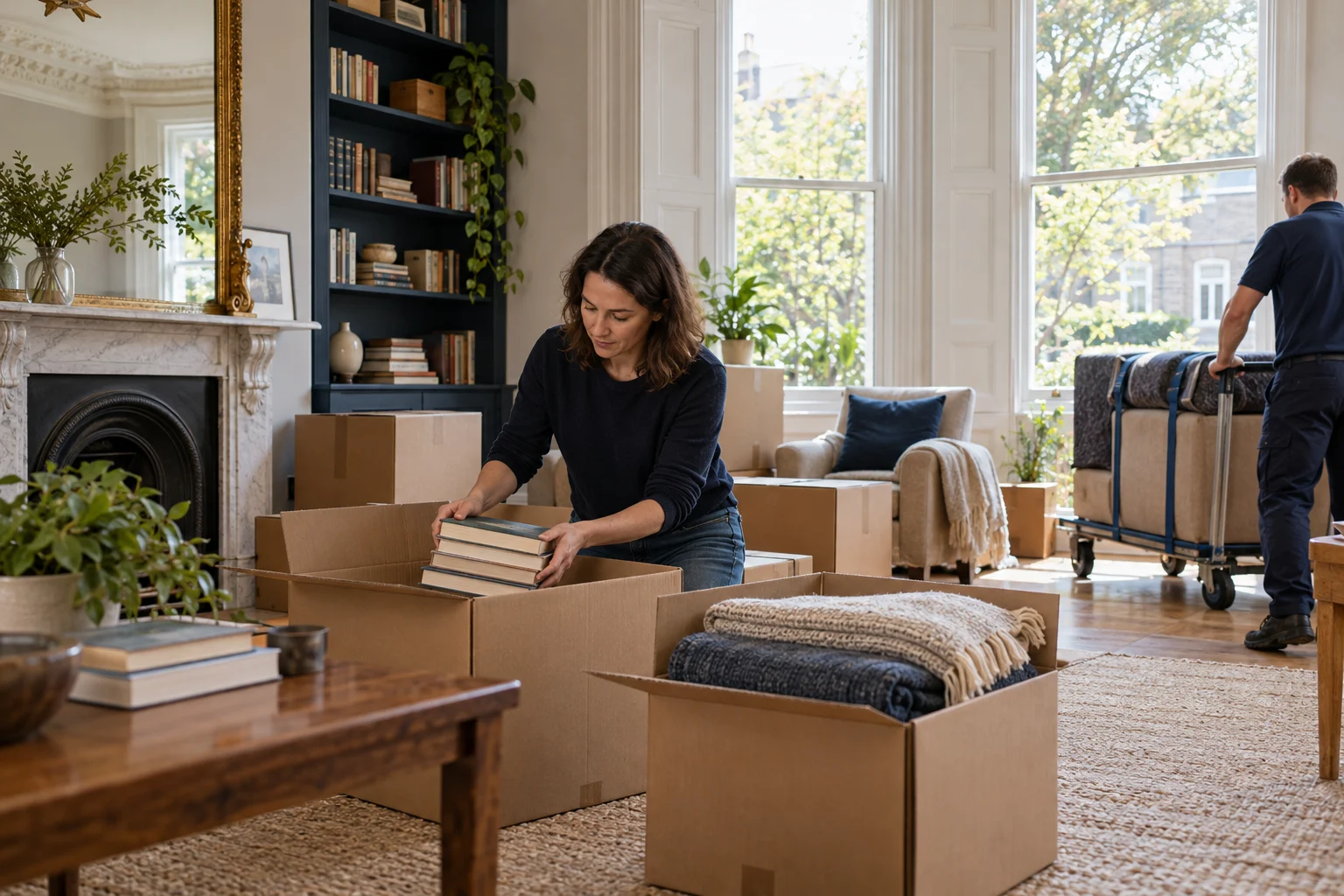 A person packing belongings into a carton in a family living room