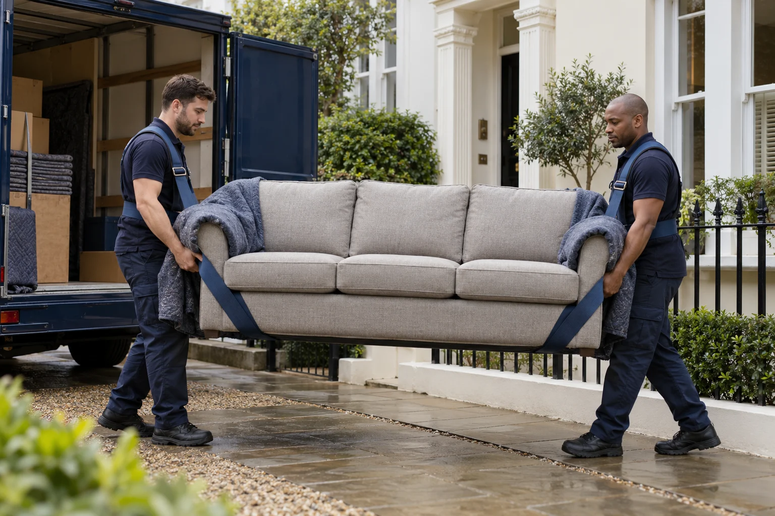 Two movers carrying a protected sofa with shoulder lifting straps outside a house