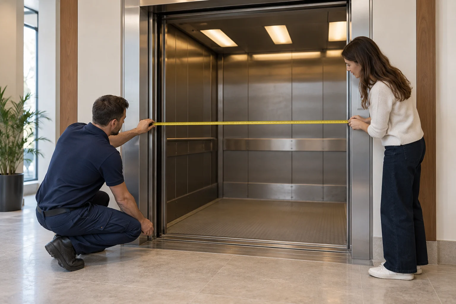 A resident and mover measuring the entrance to a service lift