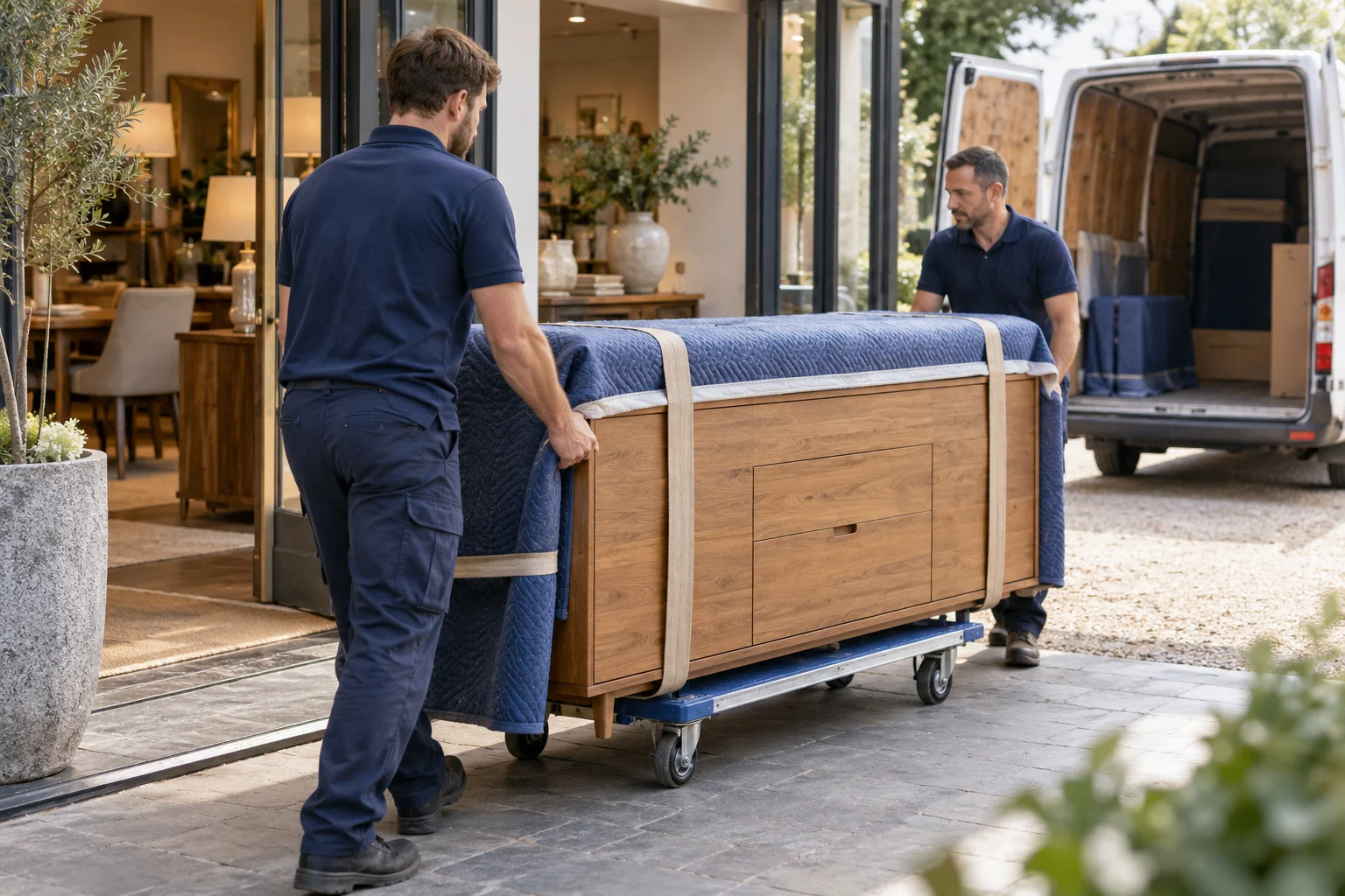 Movers guiding a protected cabinet on a furniture dolly