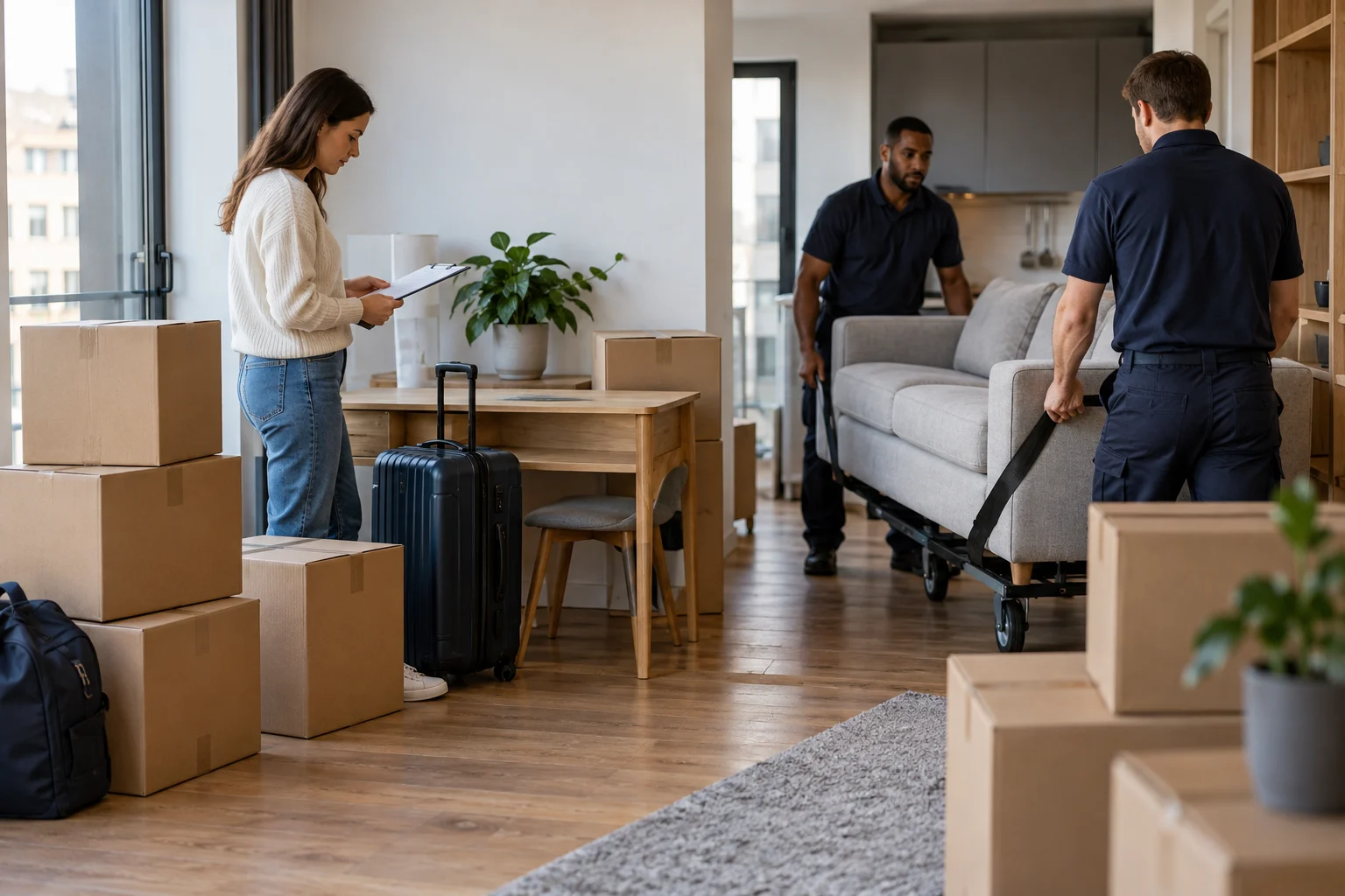 Grouped boxes and small furniture in a compact flat before moving