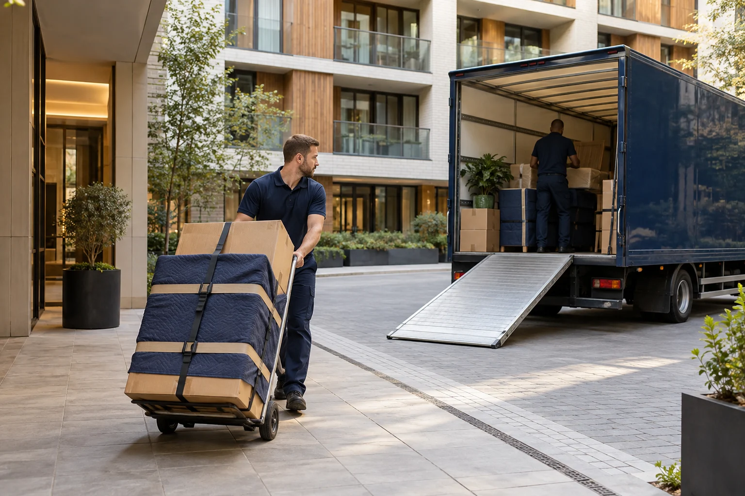 A mover guiding a strapped trolley towards an unbranded van in an apartment courtyard