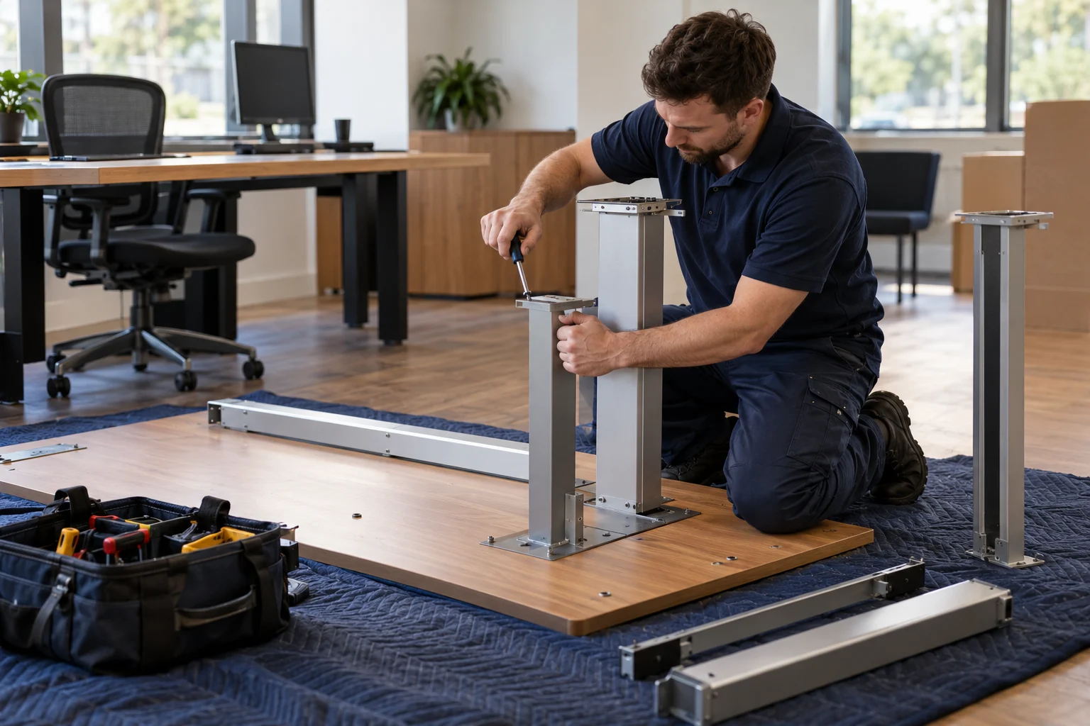 A mover dismantling an office desk with hand tools
