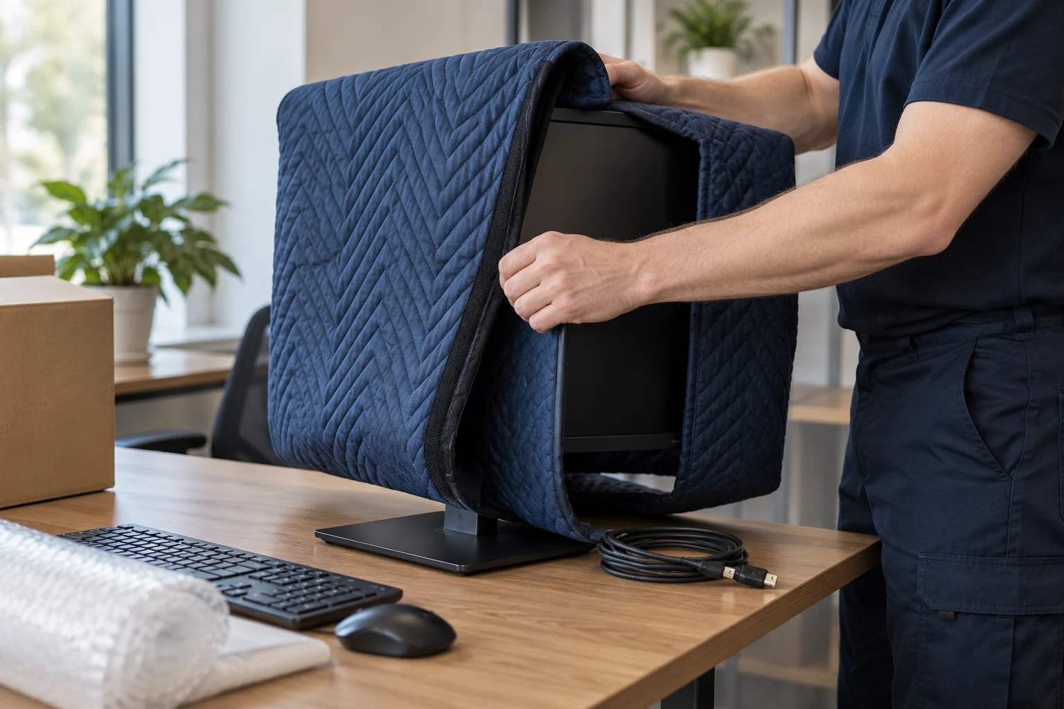 Hands placing protective padding around a disconnected office screen