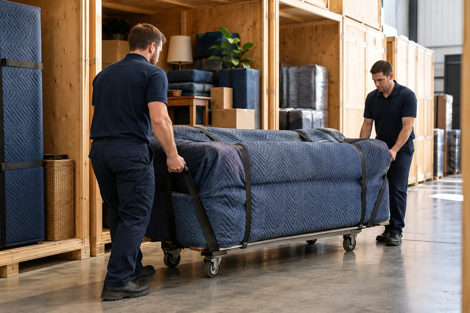 Blanket-protected furniture prepared in an organised storage space
