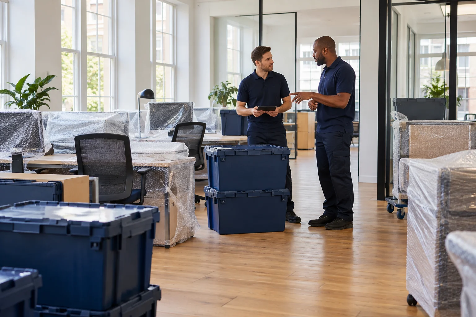 Movers discussing an office relocation beside reusable crates