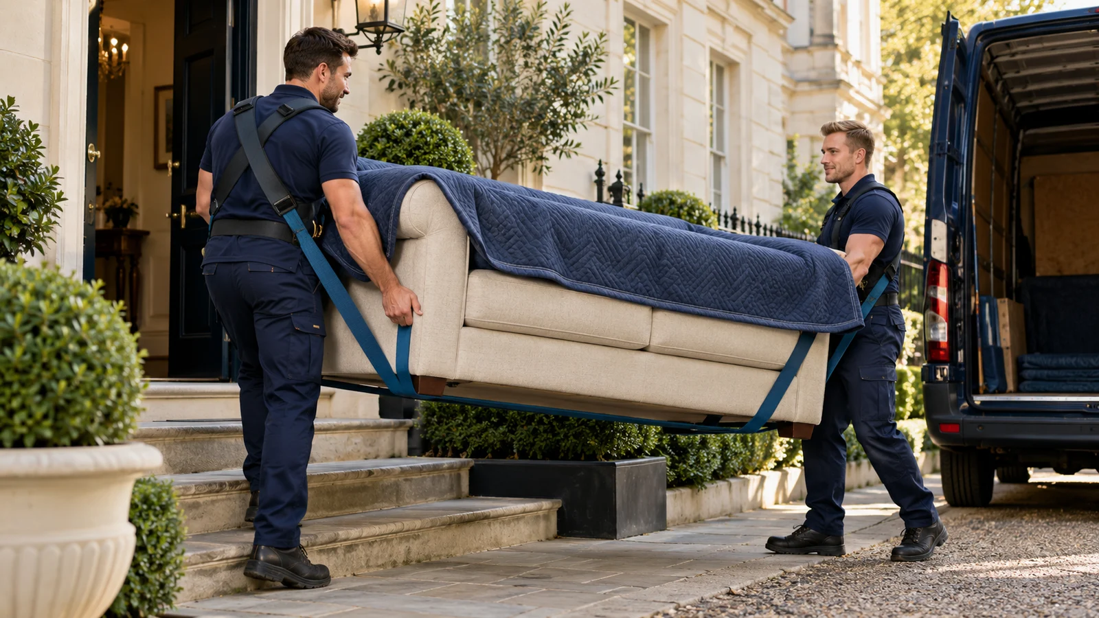Movers using carrying straps to handle protected furniture outside a British home.