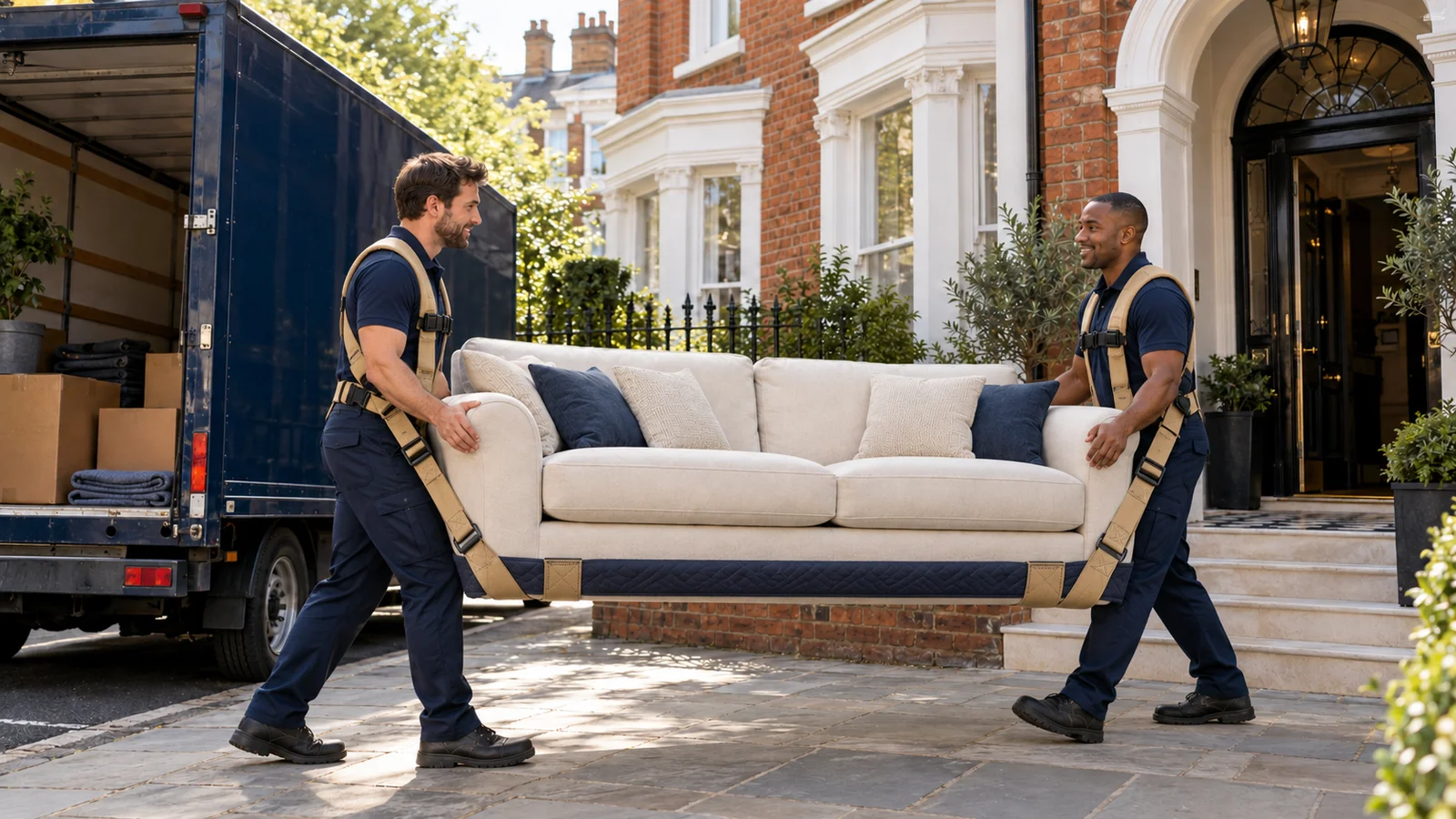 Movers using carrying straps to move a protected sofa outside a London home.