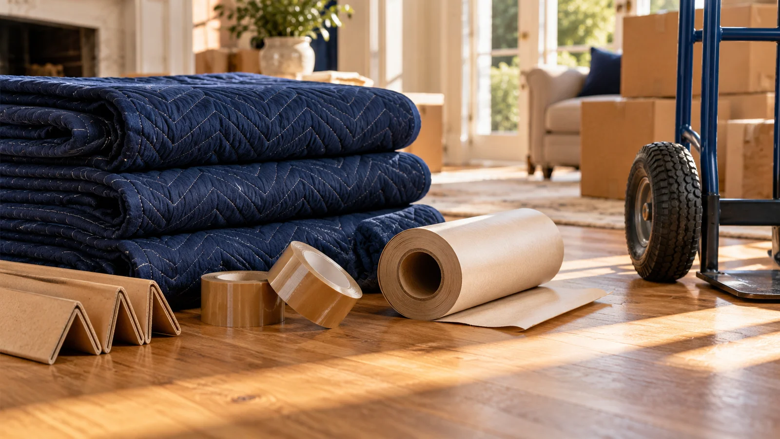 Moving blankets, straps and packing equipment.