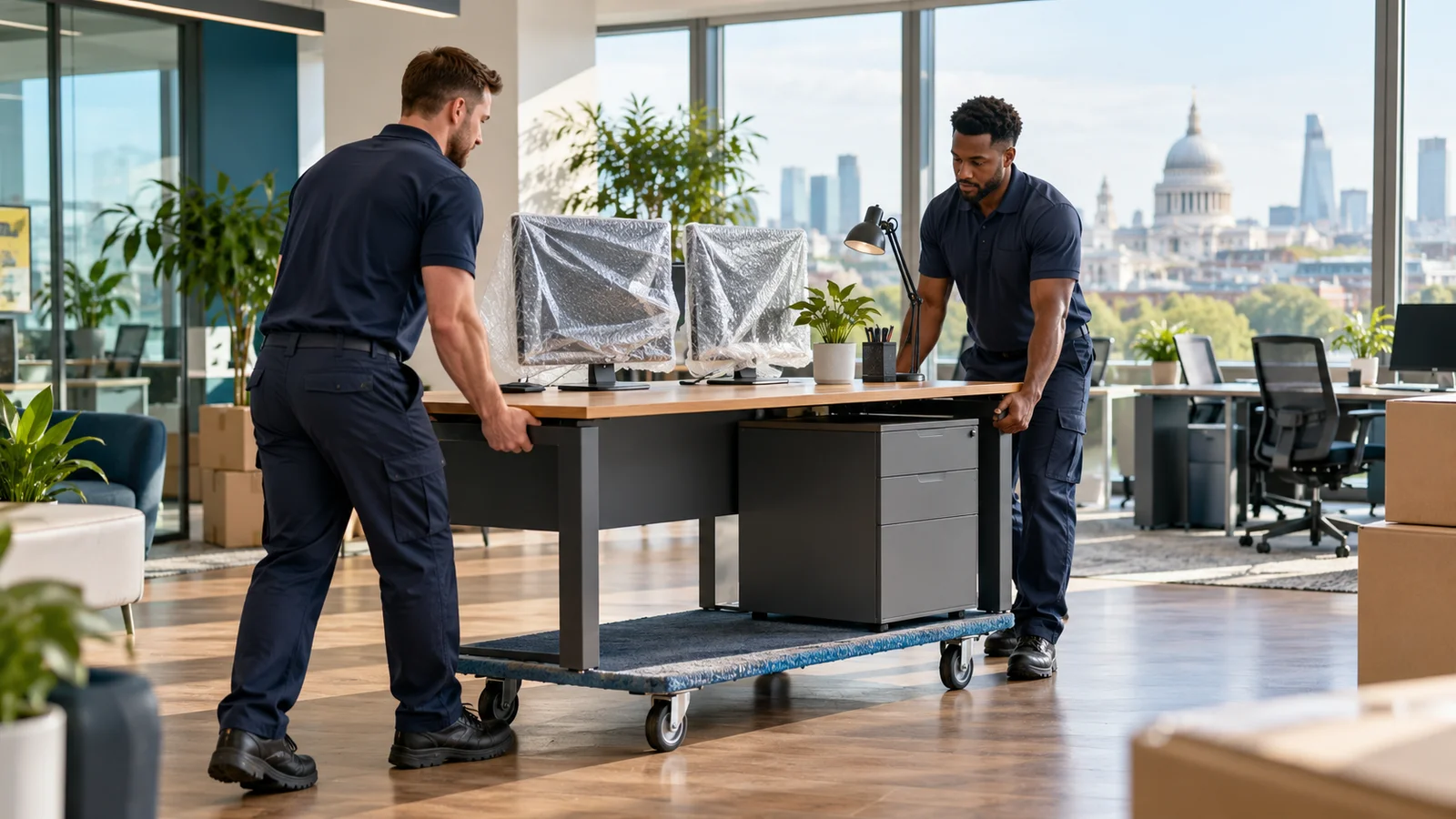 Illustrative concept: protected office equipment being prepared for relocation.