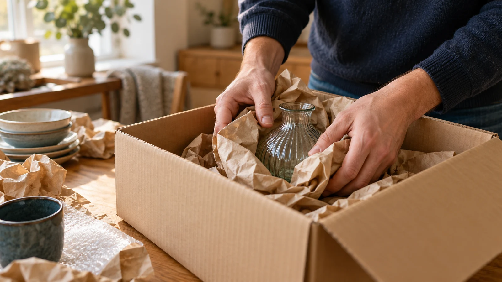 Hands wrapping belongings with packing paper beside moving boxes.
