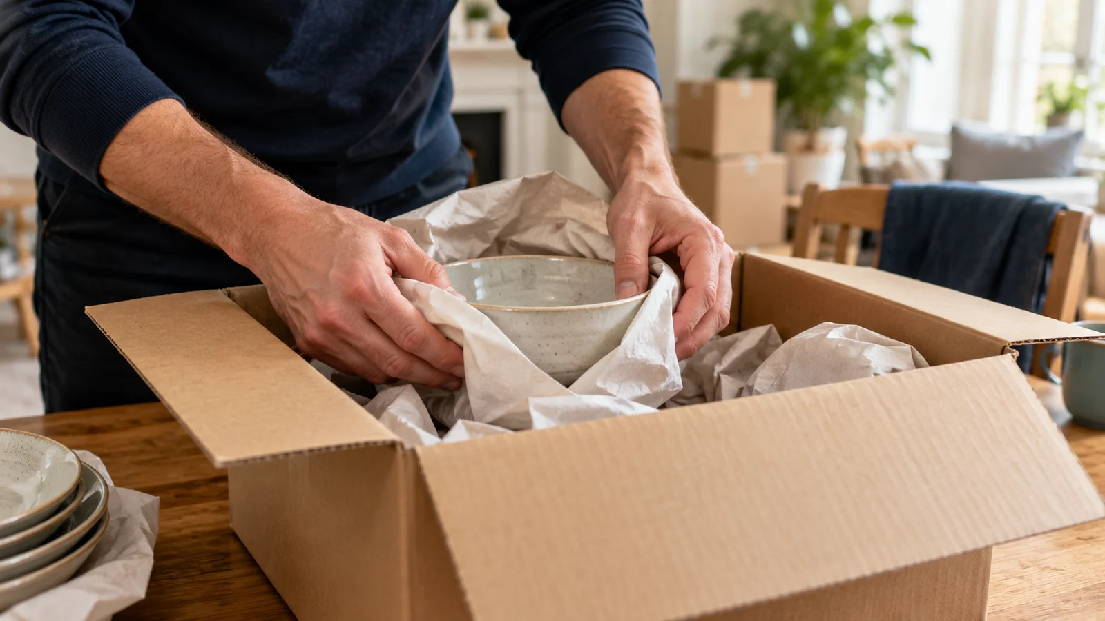 Illustrative concept: careful packing with paper, boxes and protective materials.